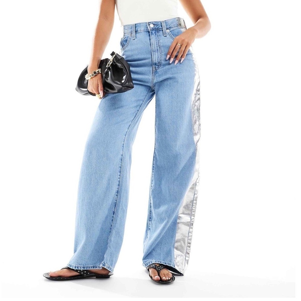 Levi's Cinch Baggy Metallic Silver Stripe Wide Leg Jeans High Rise Sz 29/8